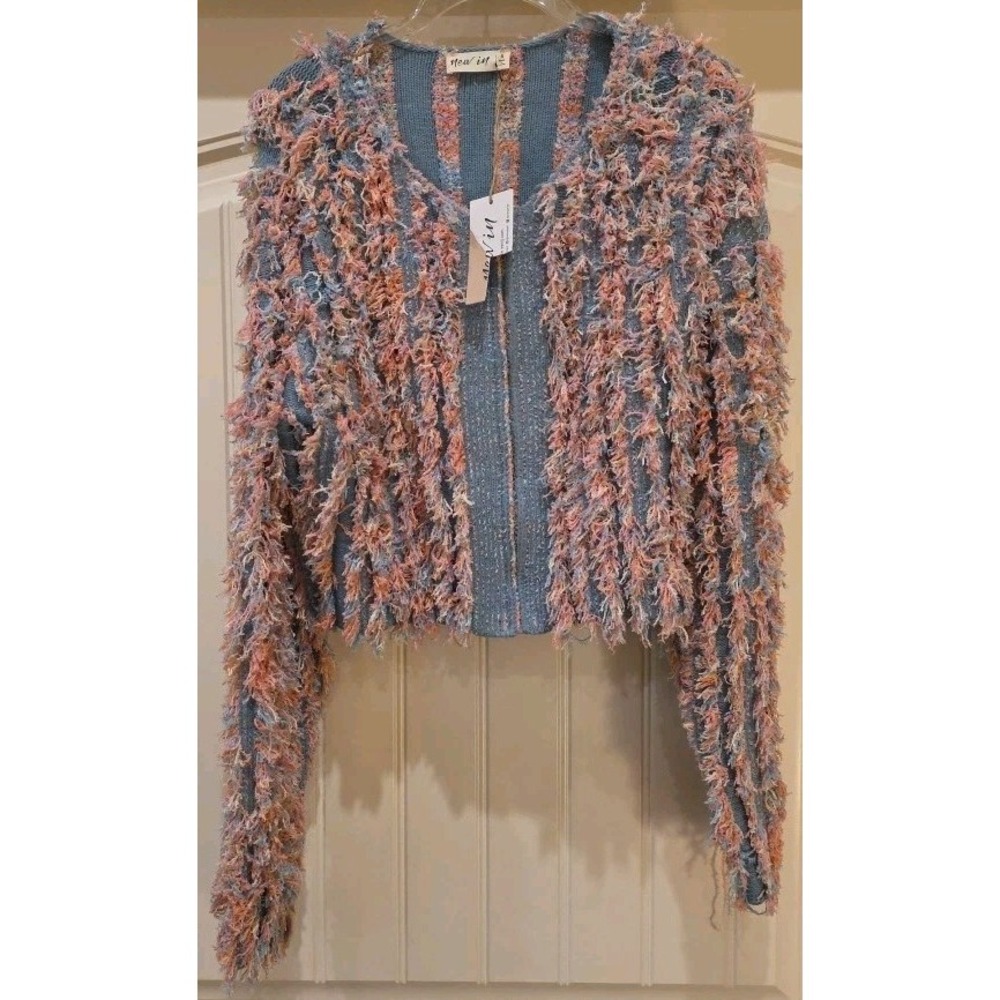 New In Shaggy Yarn Knit Zip-up Jacket NWT Size S Baby Blue & Pink